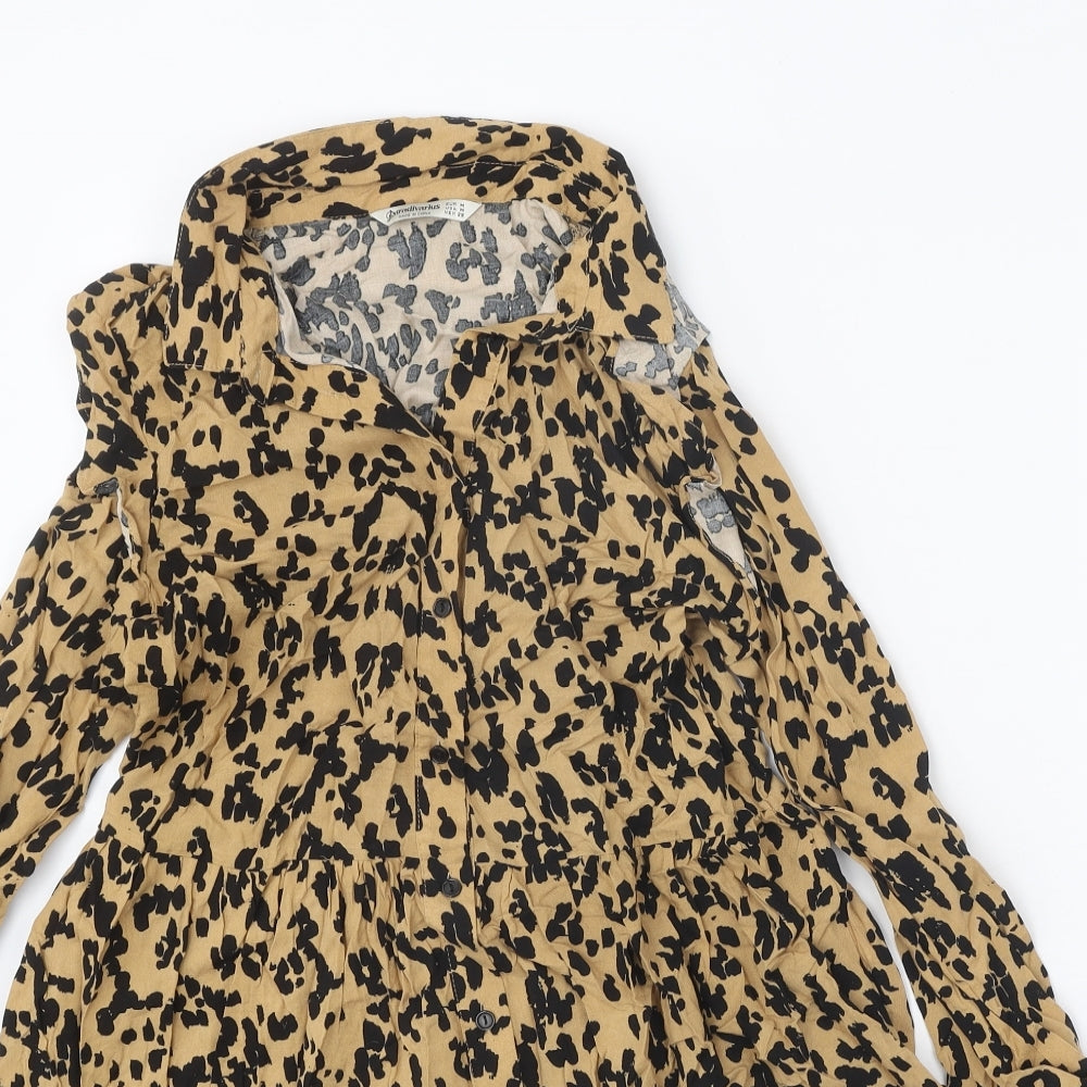 Stradivarius Womens Multicoloured Animal Print Viscose Shirt Dress Size M Collared Button - Leopard Pattern