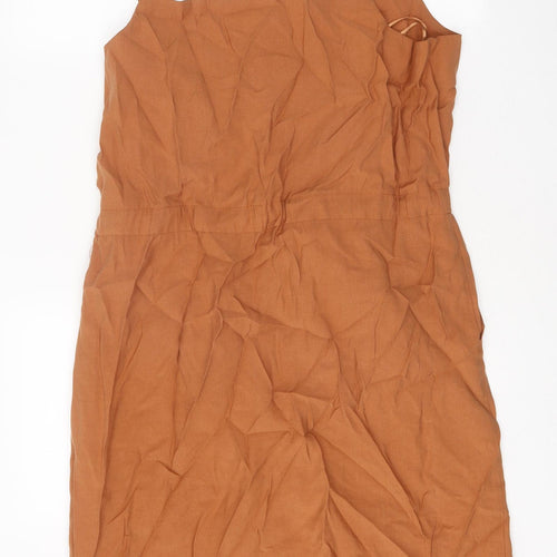 F&F Womens Orange Lyocell Pinafore/Dungaree Dress Size 10 Square Neck Zip