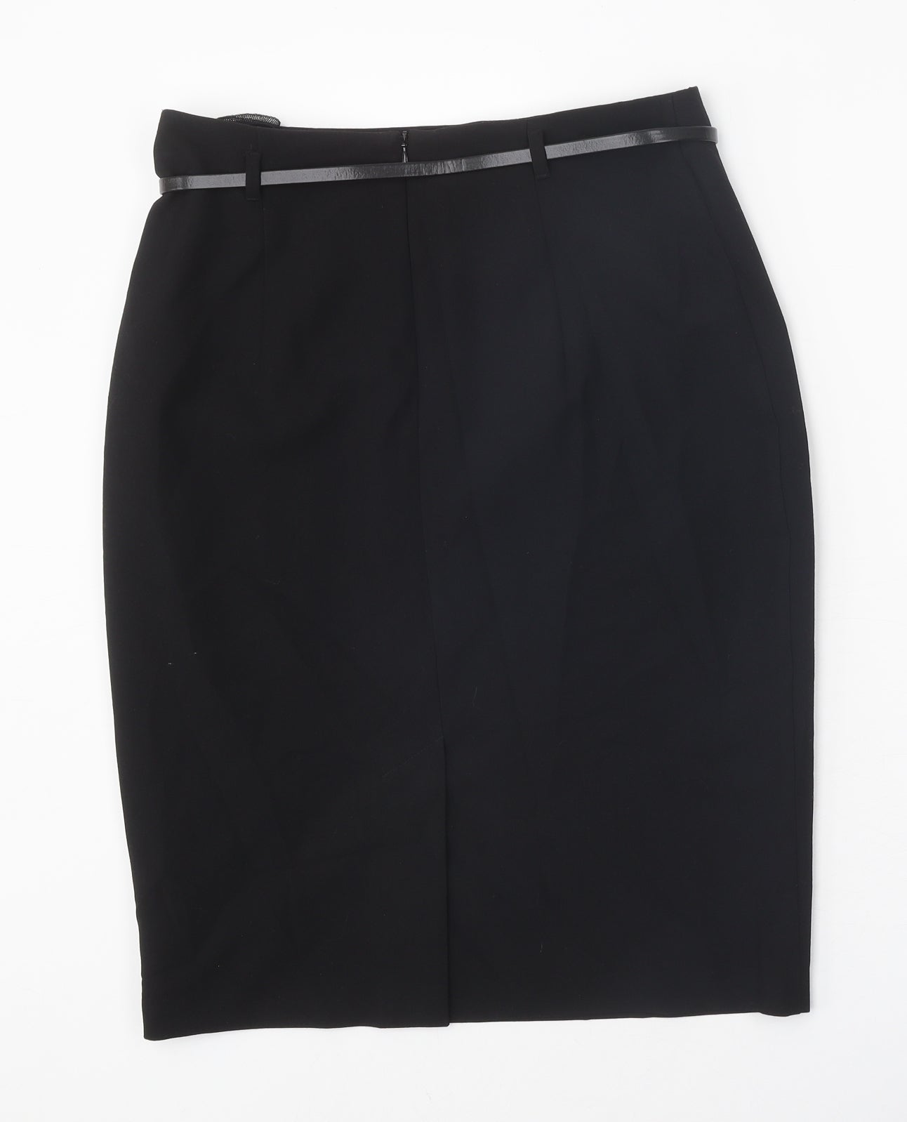 Marks and Spencer Womens Black Polyester Straight & Pencil Skirt Size 12 Zip - Belt Inlcuded