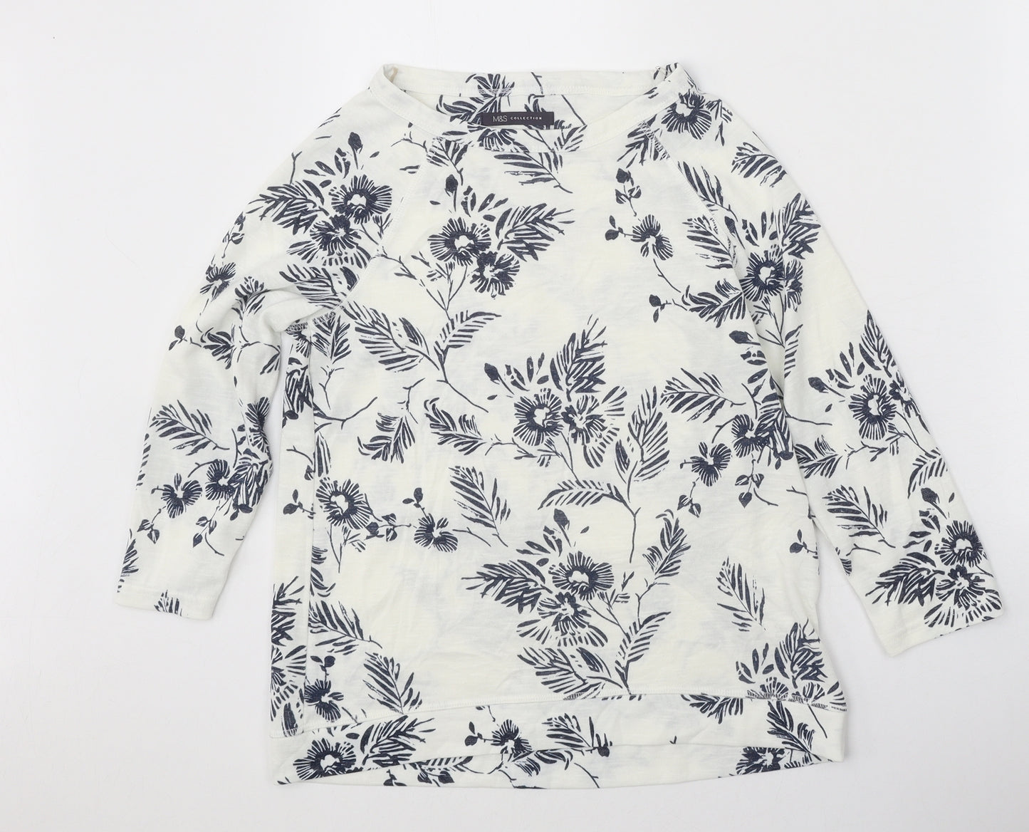 Marks and Spencer Womens White Floral Polyester Basic Blouse Size 8 Boat Neck