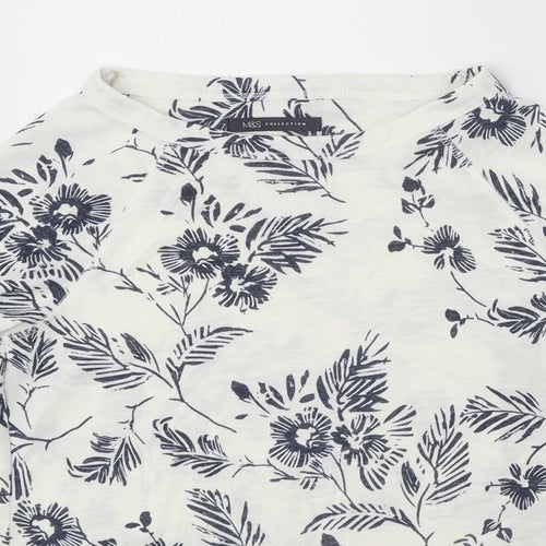 Marks and Spencer Womens White Floral Polyester Basic Blouse Size 8 Boat Neck