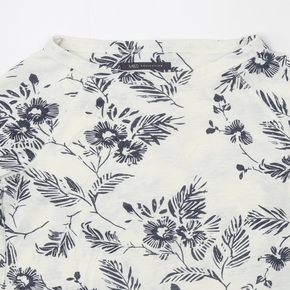 Marks and Spencer Womens White Floral Polyester Basic Blouse Size 8 Boat Neck