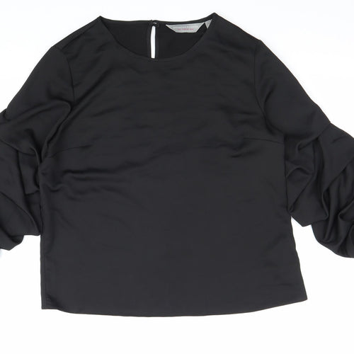Dorothy Perkins Womens Black Polyester Basic Blouse Size 10 Scoop Neck - Ruched Sleeve Detail