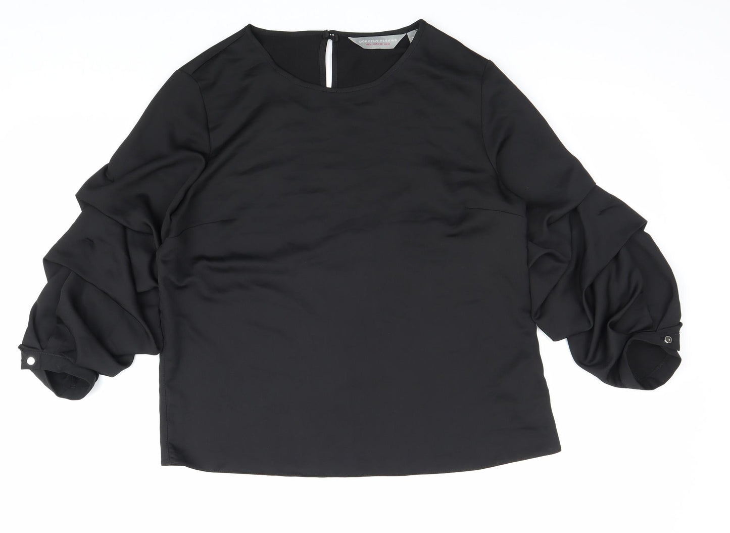 Dorothy Perkins Womens Black Polyester Basic Blouse Size 10 Scoop Neck - Ruched Sleeve Detail