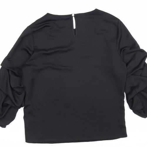 Dorothy Perkins Womens Black Polyester Basic Blouse Size 10 Scoop Neck - Ruched Sleeve Detail