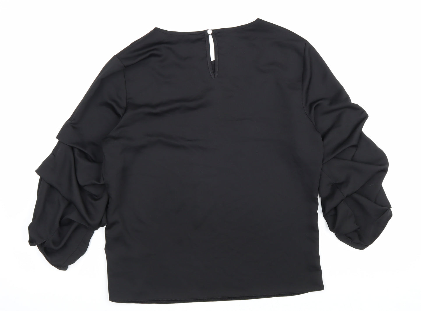 Dorothy Perkins Womens Black Polyester Basic Blouse Size 10 Scoop Neck - Ruched Sleeve Detail