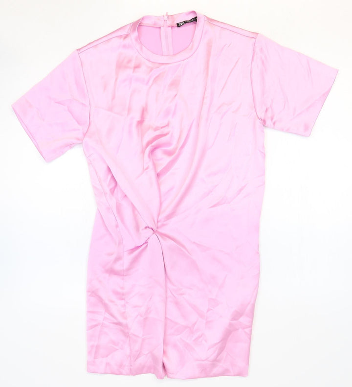 Zara Womens Pink Polyester T-Shirt Dress Size XS Round Neck Zip