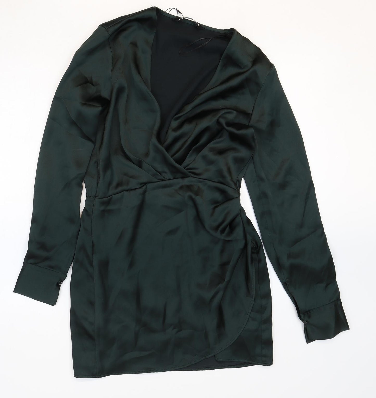 Zara Womens Green Polyester A-Line Size S V-Neck Zip