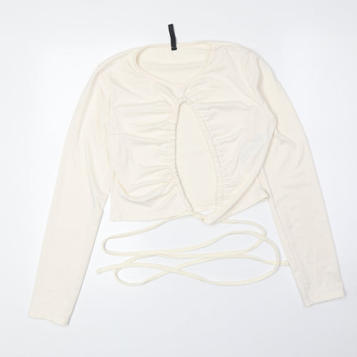 Preworn Womens Ivory Polyester Basic T-Shirt Size 14 Round Neck