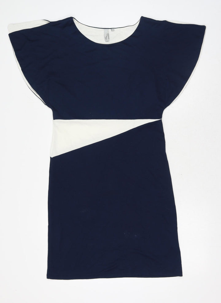 VAXO Womens Blue Geometric Polyester Shift Size S Round Neck Pullover