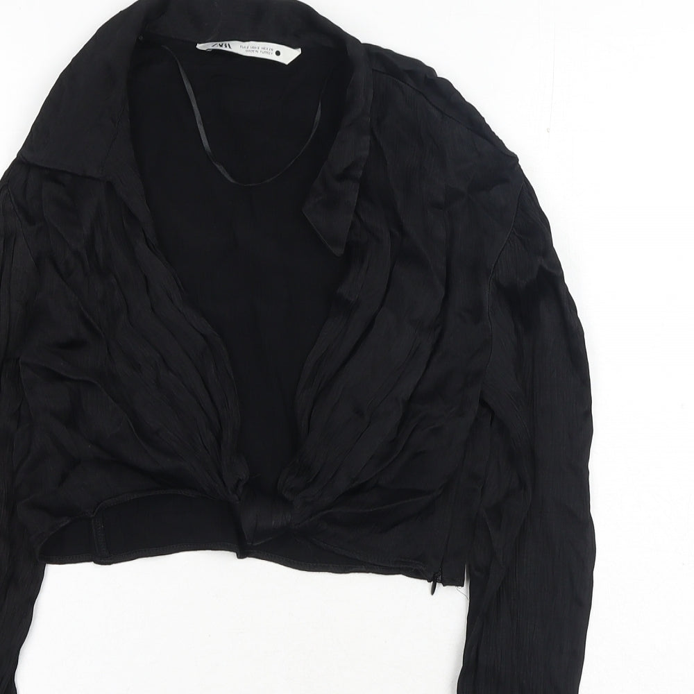 Zara Womens Black Viscose Cropped Blouse Size S V-Neck