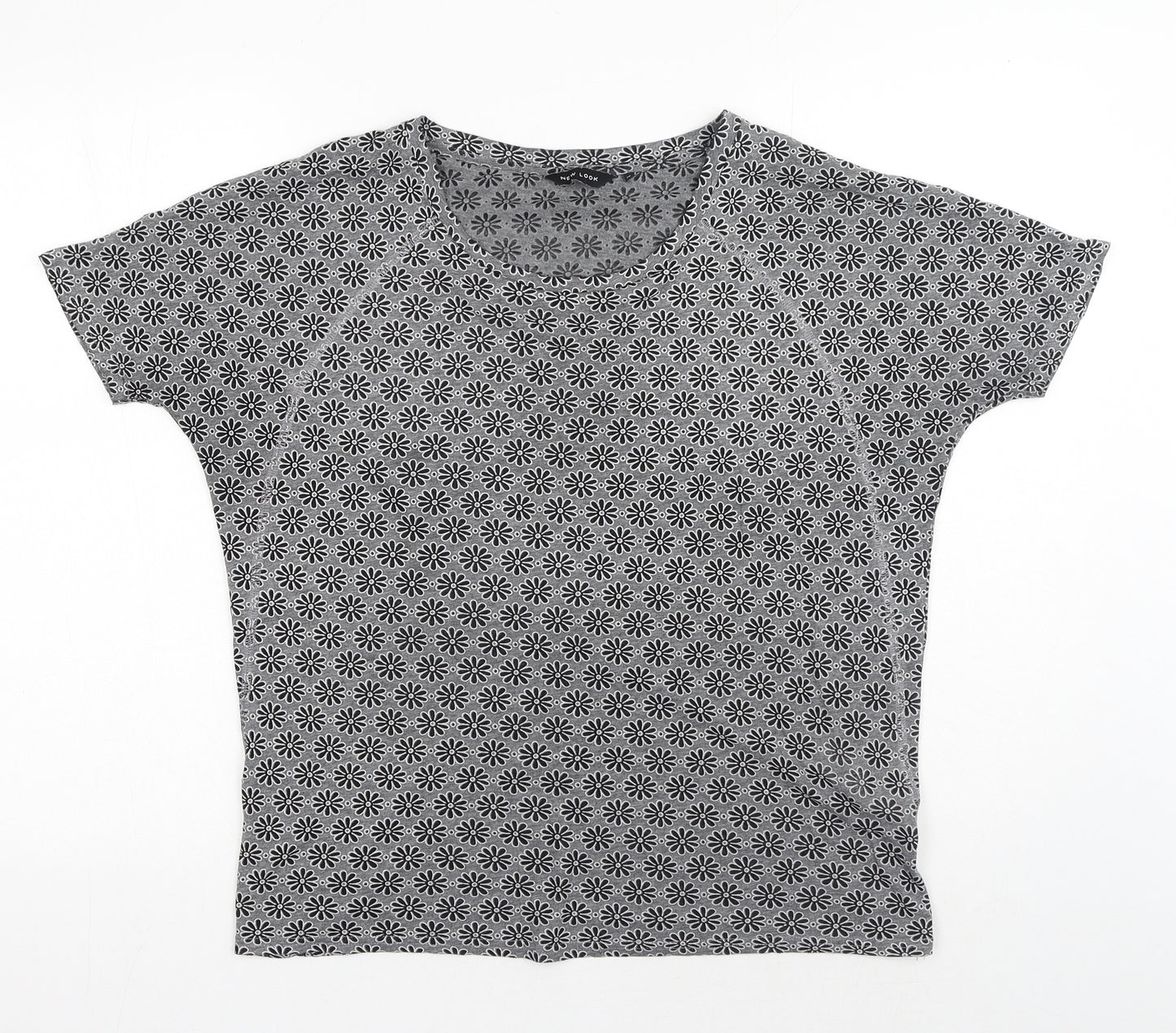 New Look Womens Grey Geometric Polyester Basic T-Shirt Size 10 Round Neck