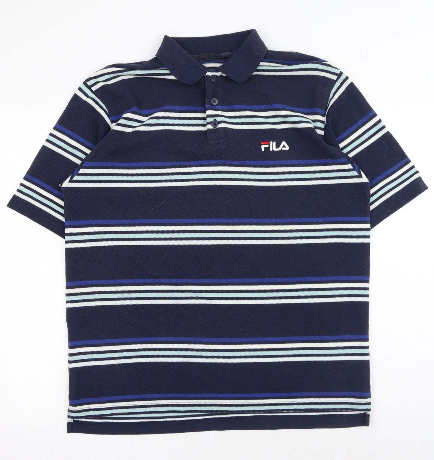 FILA Mens Blue Striped Polyester Polo Size L Collared Button
