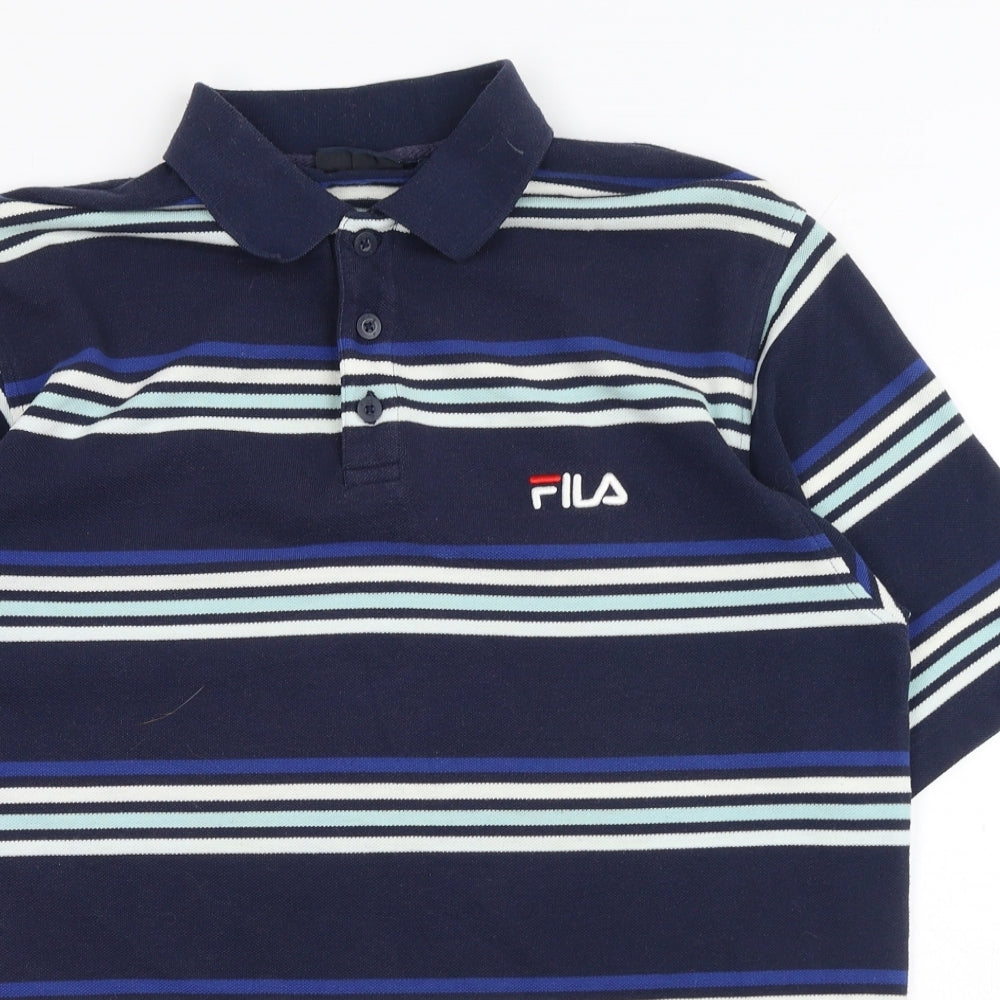FILA Mens Blue Striped Polyester Polo Size L Collared Button