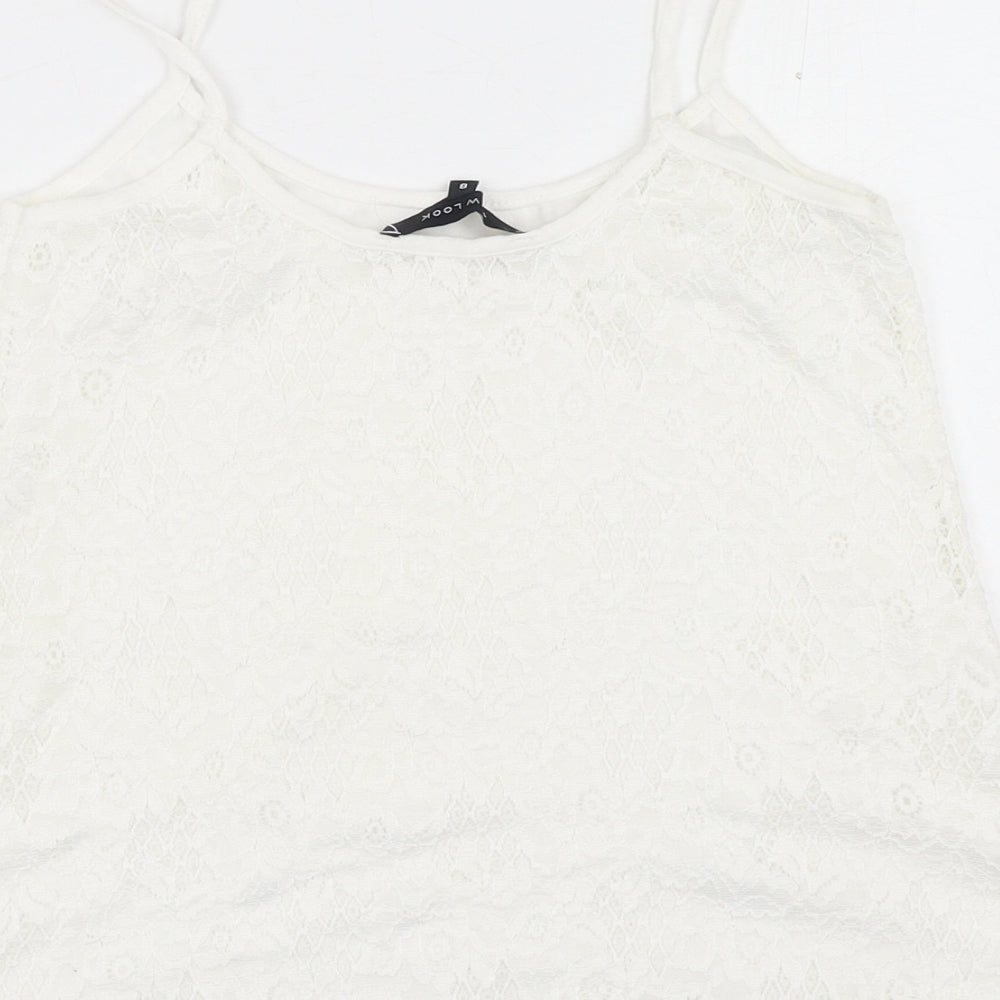 New Look Womens White Floral Polyester Basic Tank Size 8 Round Neck