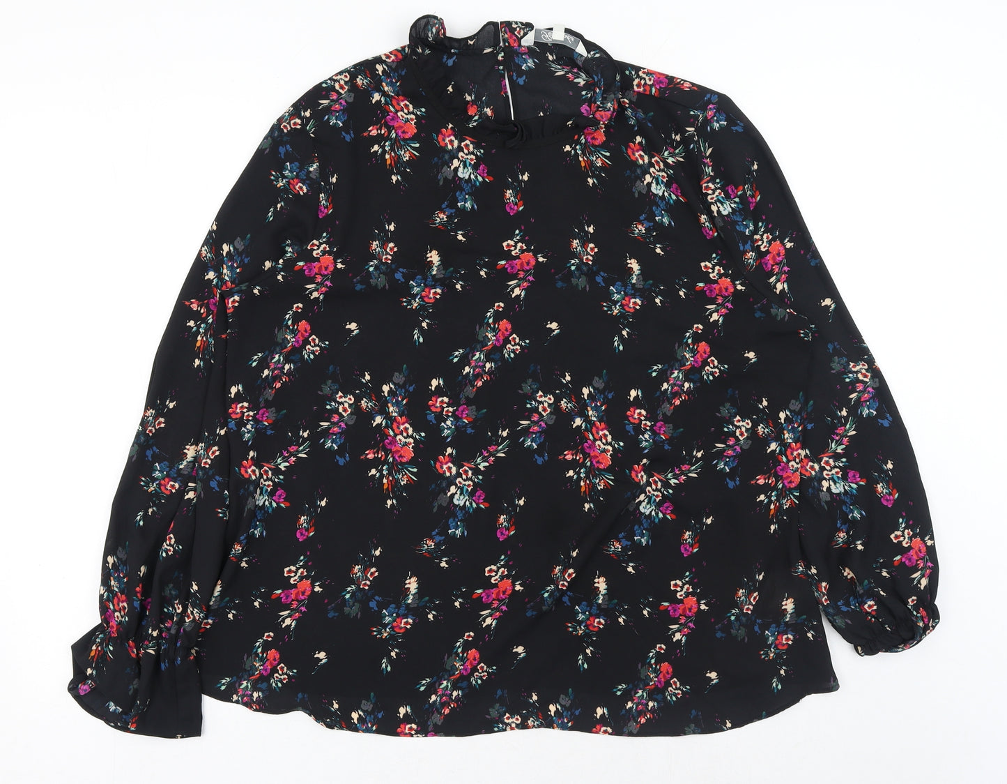 Peacocks Womens Black Floral Polyester Basic Blouse Size 18 Round Neck