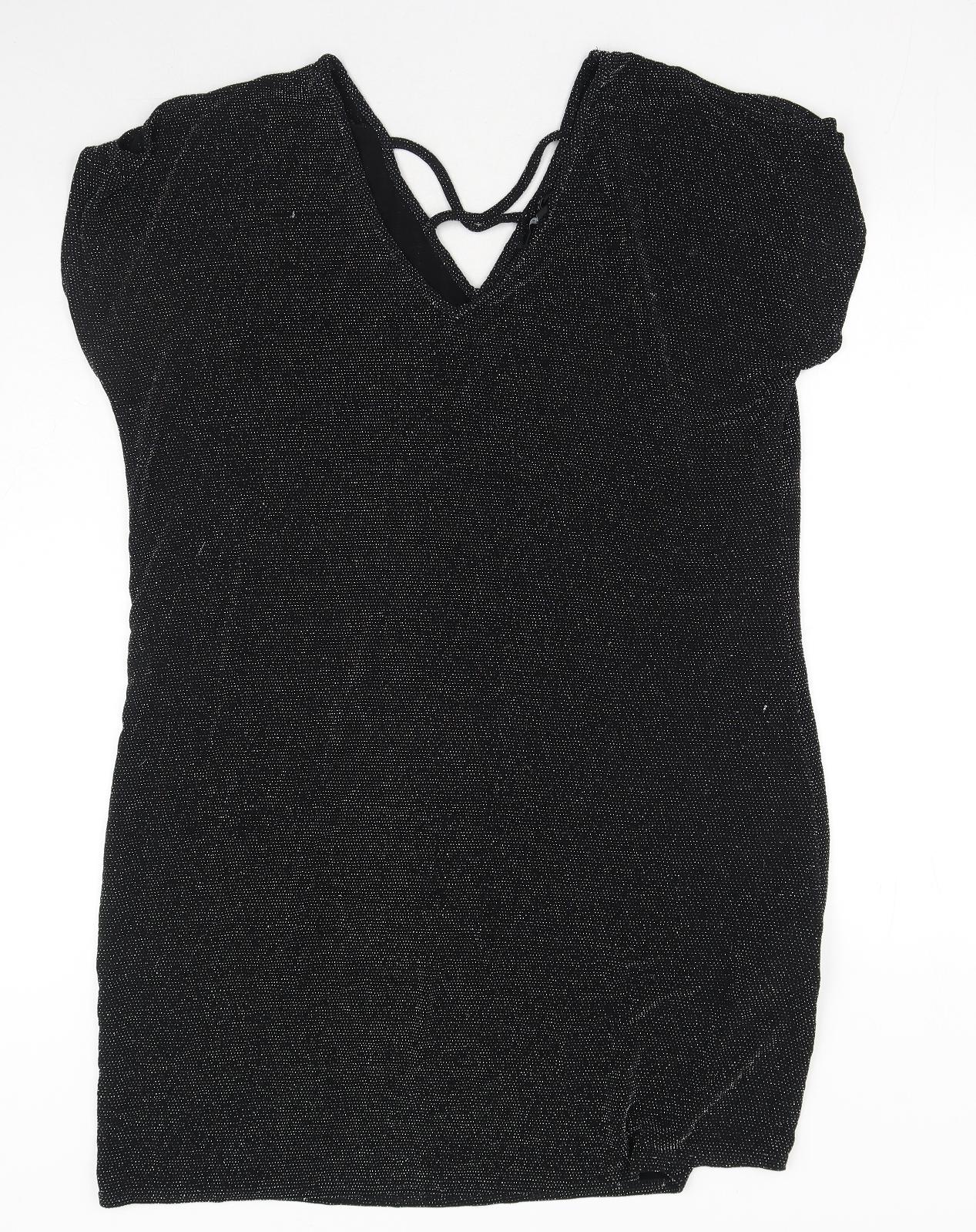 Peacocks Womens Black Nylon T-Shirt Dress Size 18 V-Neck Pullover