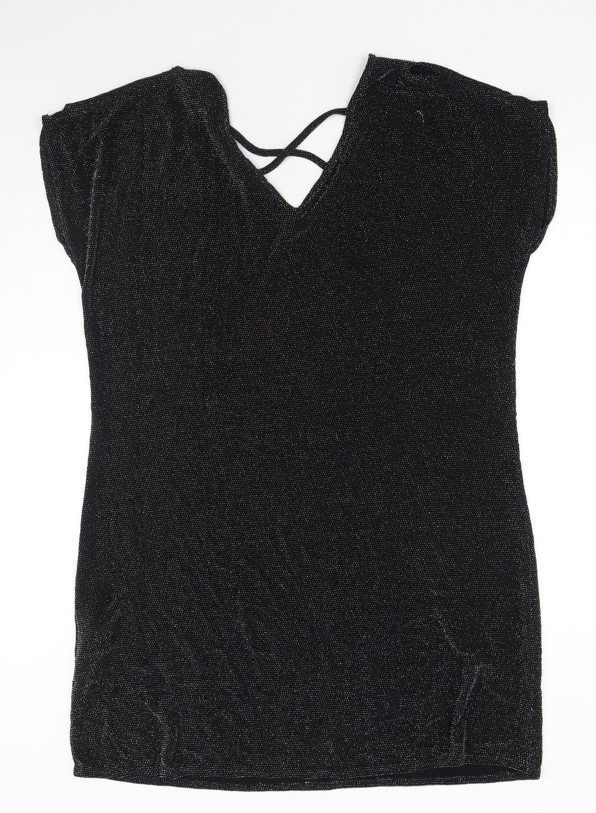 Peacocks Womens Black Nylon T-Shirt Dress Size 18 V-Neck Pullover