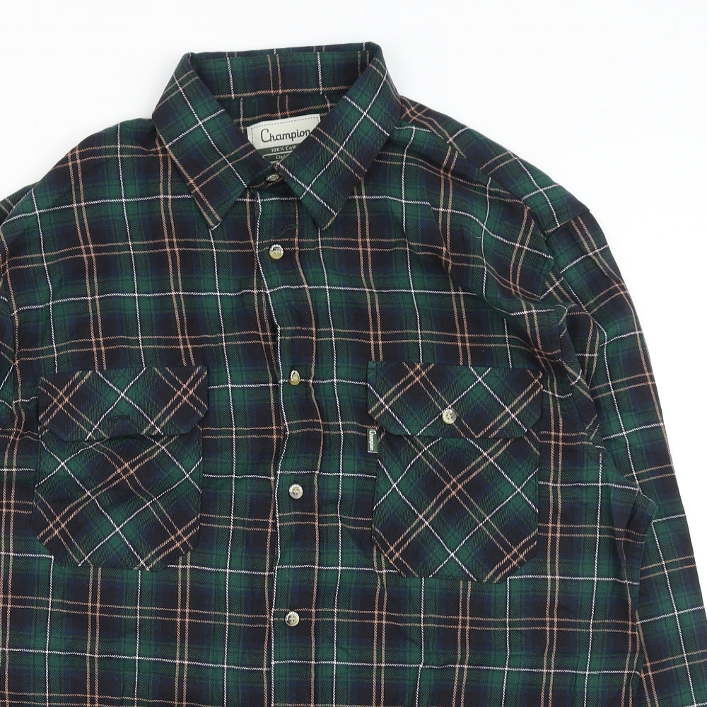 Champion Mens Green Plaid Cotton Button-Up Size L Collared Button