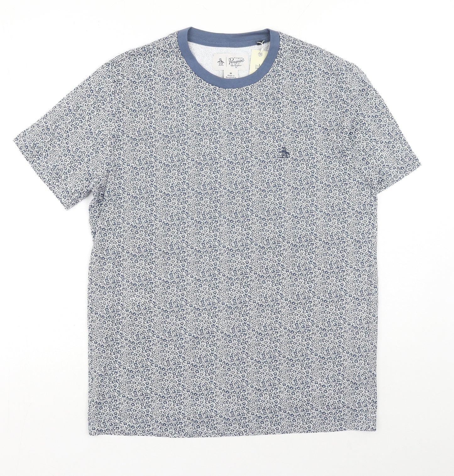 Penguin Mens Blue Floral Cotton T-Shirt Size M Round Neck
