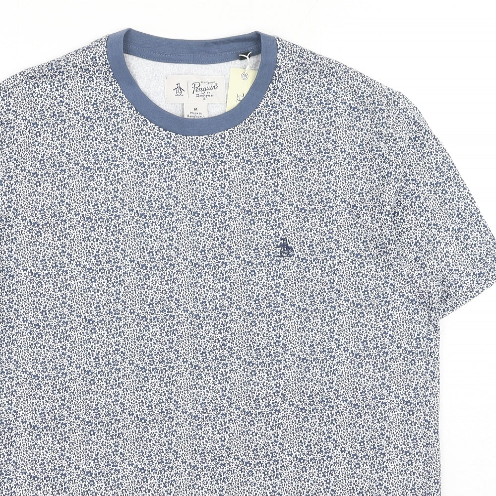 Penguin Mens Blue Floral Cotton T-Shirt Size M Round Neck