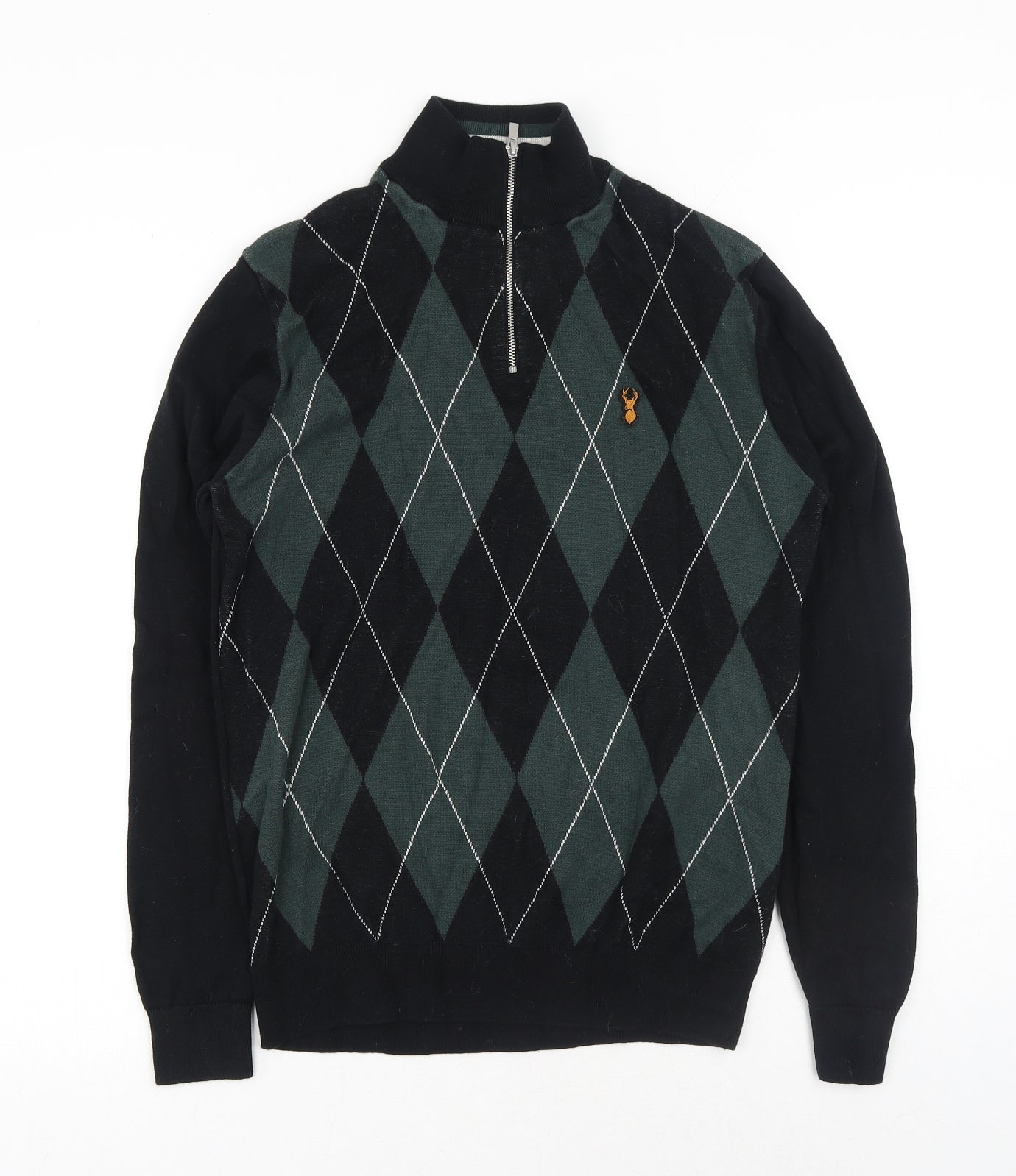 NEXT Mens Green High Neck Argyle/Diamond Cotton Pullover Jumper Size M