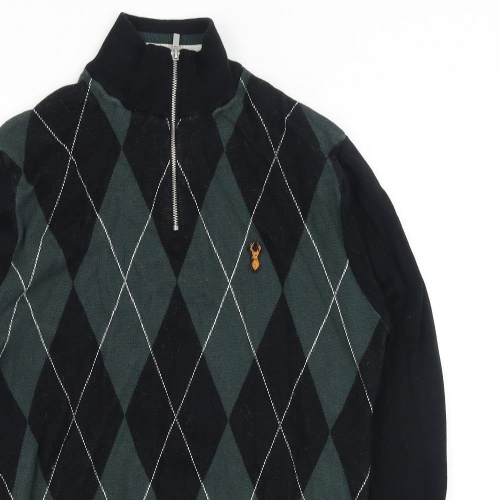 NEXT Mens Green High Neck Argyle/Diamond Cotton Pullover Jumper Size M