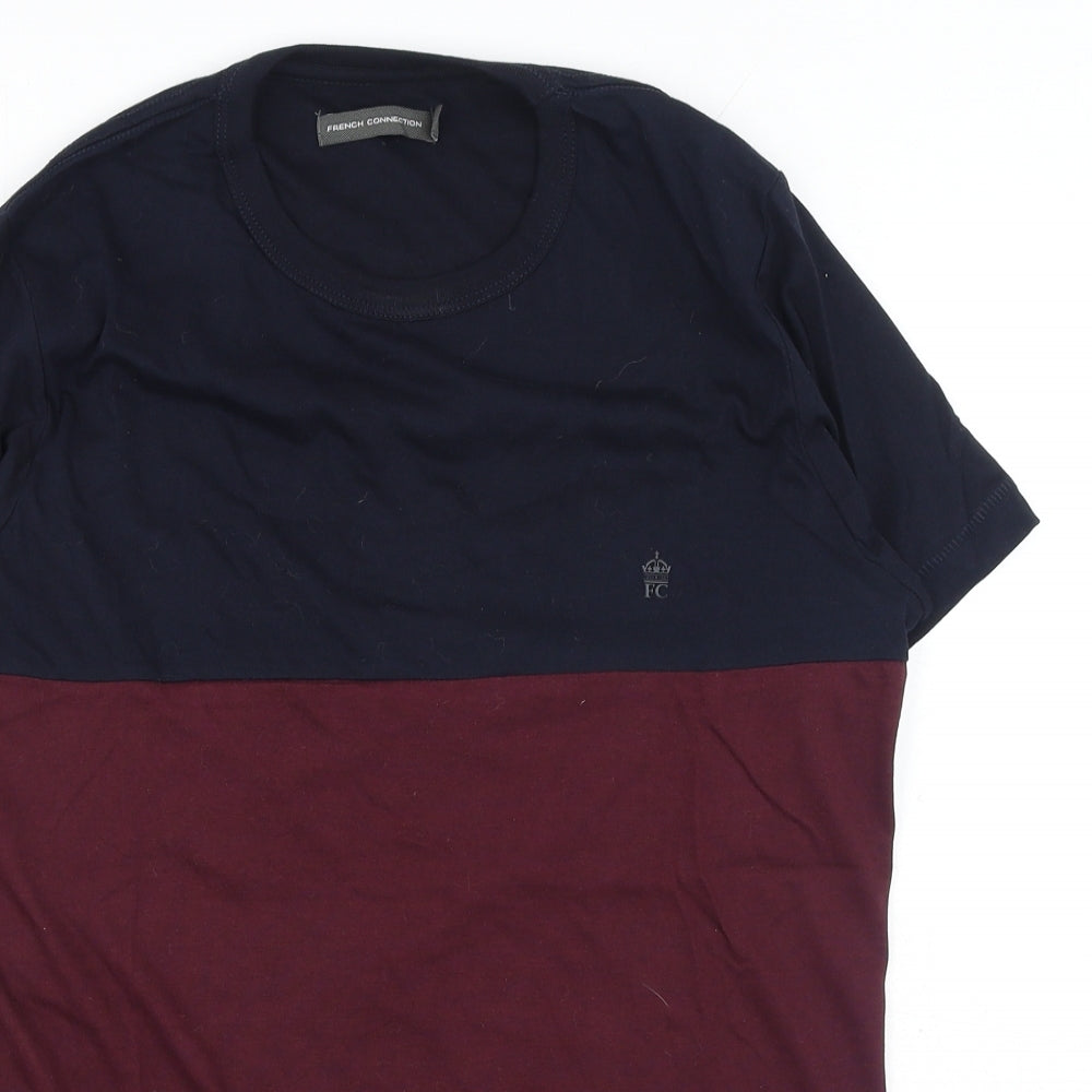 French Connection Mens Red Colourblock Cotton T-Shirt Size S Round Neck