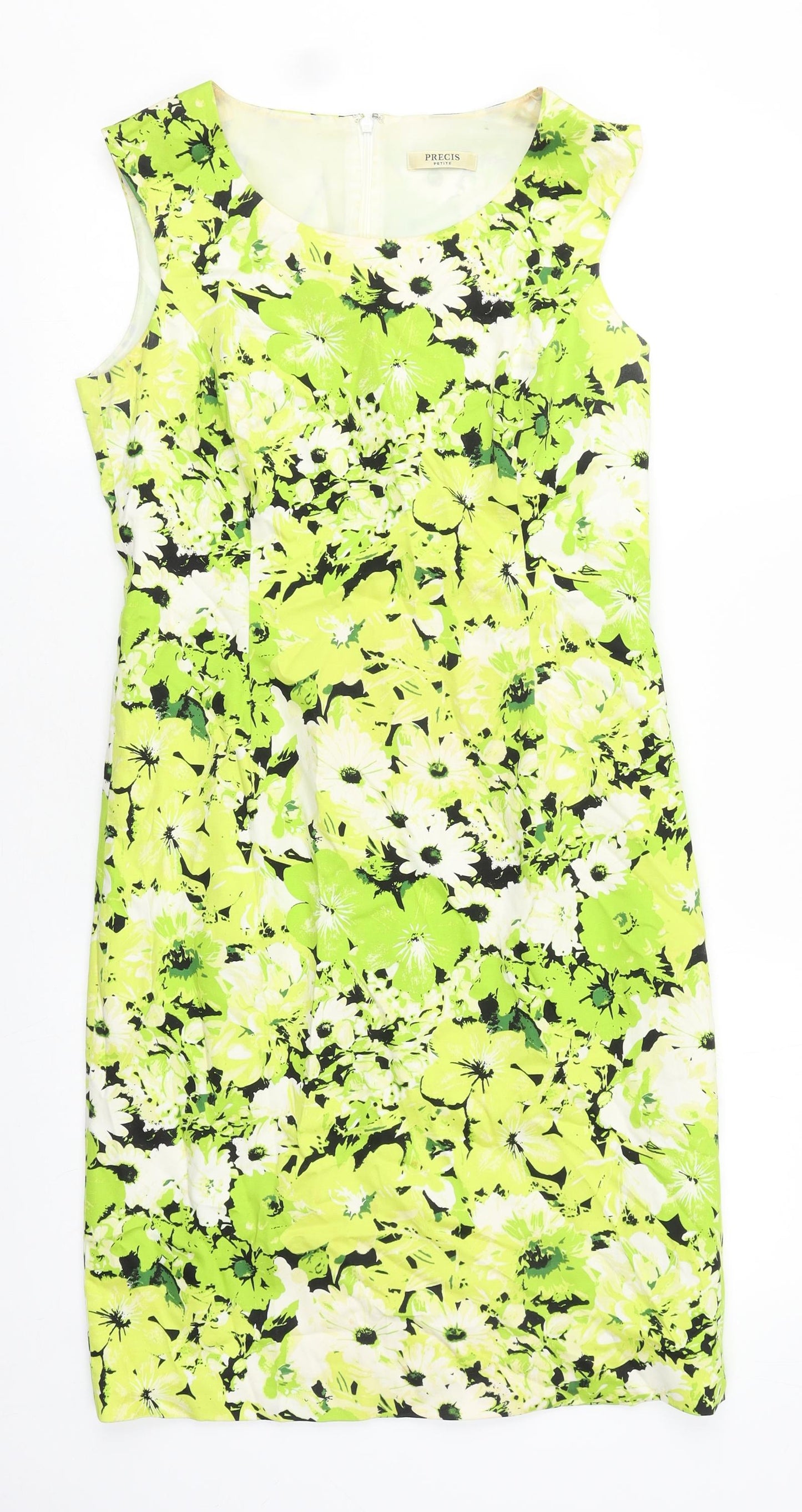 Precis Womens Green Floral Cotton Shift Size 10 Round Neck Zip