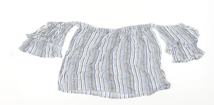 New Look Womens Blue Striped Polyester Cropped T-Shirt Size 8 Off the Shoulder