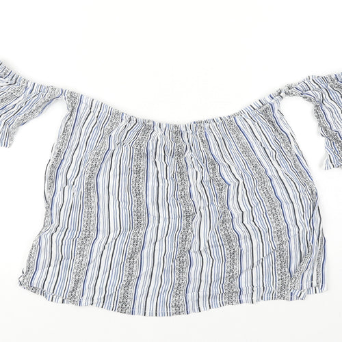 New Look Womens Blue Striped Polyester Cropped T-Shirt Size 8 Off the Shoulder