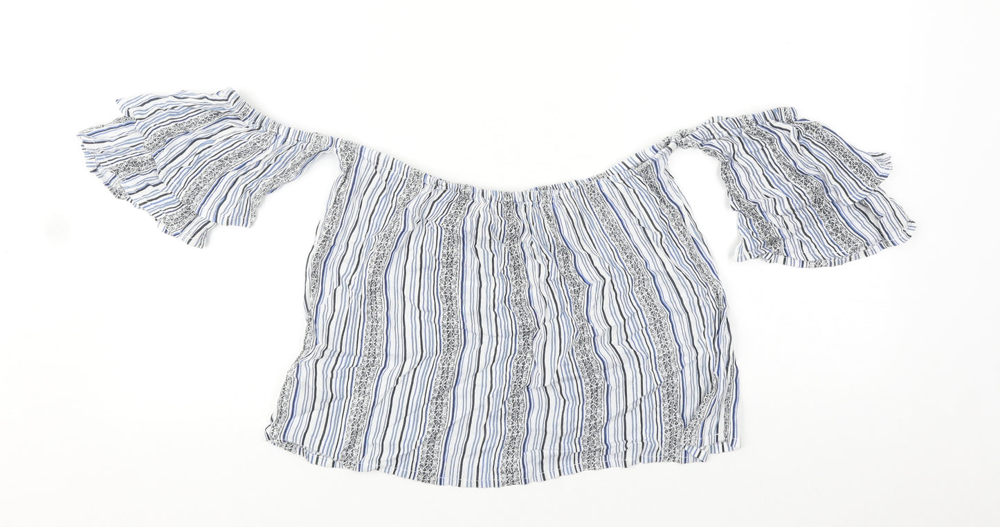 New Look Womens Blue Striped Polyester Cropped T-Shirt Size 8 Off the Shoulder