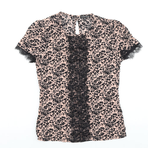 Warehouse Womens Black Floral Viscose Basic T-Shirt Size 6 Round Neck - Lace Detail