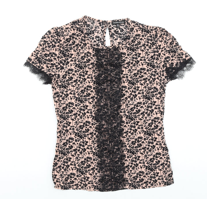 Warehouse Womens Black Floral Viscose Basic T-Shirt Size 6 Round Neck - Lace Detail
