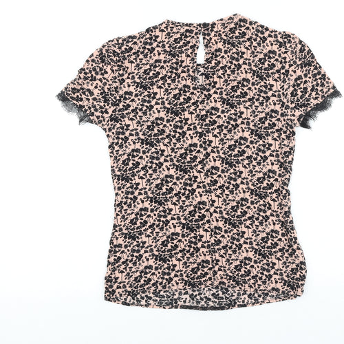 Warehouse Womens Black Floral Viscose Basic T-Shirt Size 6 Round Neck - Lace Detail