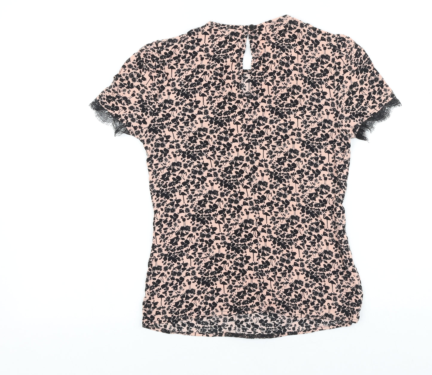 Warehouse Womens Black Floral Viscose Basic T-Shirt Size 6 Round Neck - Lace Detail
