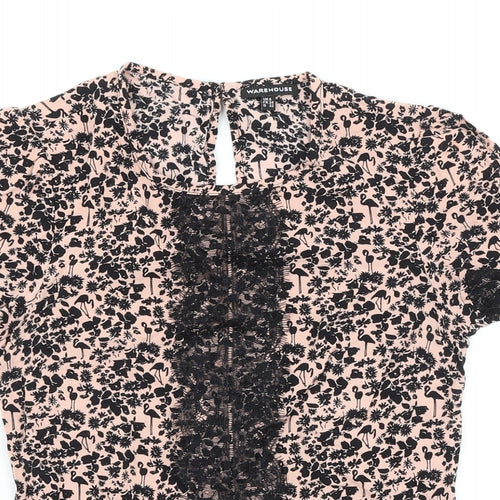Warehouse Womens Black Floral Viscose Basic T-Shirt Size 6 Round Neck - Lace Detail