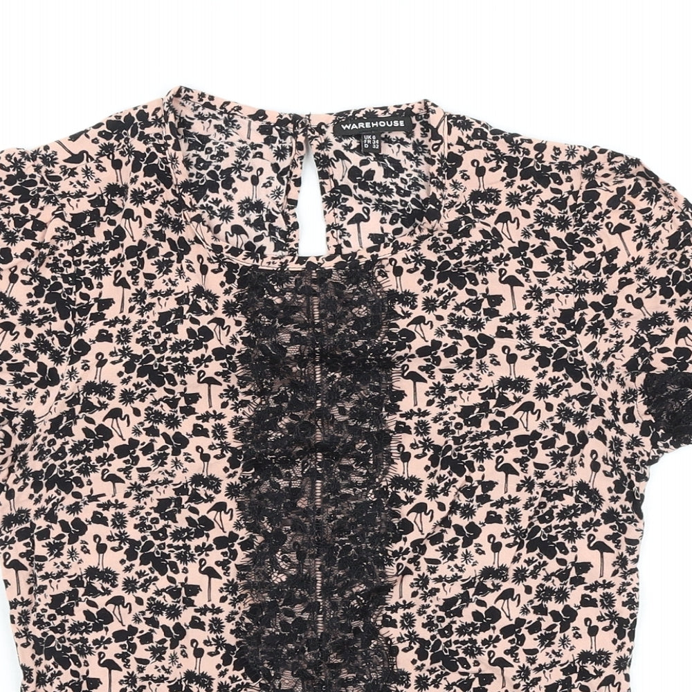 Warehouse Womens Black Floral Viscose Basic T-Shirt Size 6 Round Neck - Lace Detail