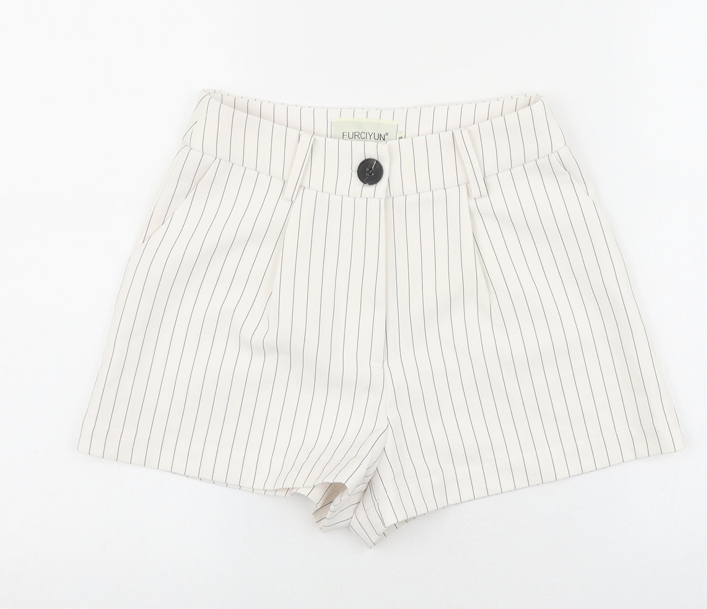 Furciyun Womens White Striped Polyester Hot Pants Shorts Size S L3 in Regular Button