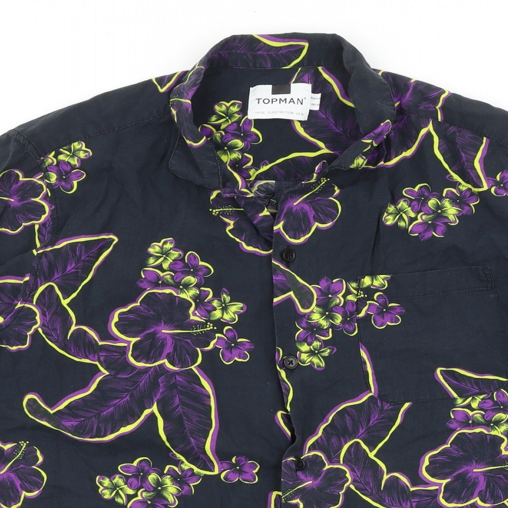 Topman Mens Black Geometric Polyester Button-Up Size XL Collared Button
