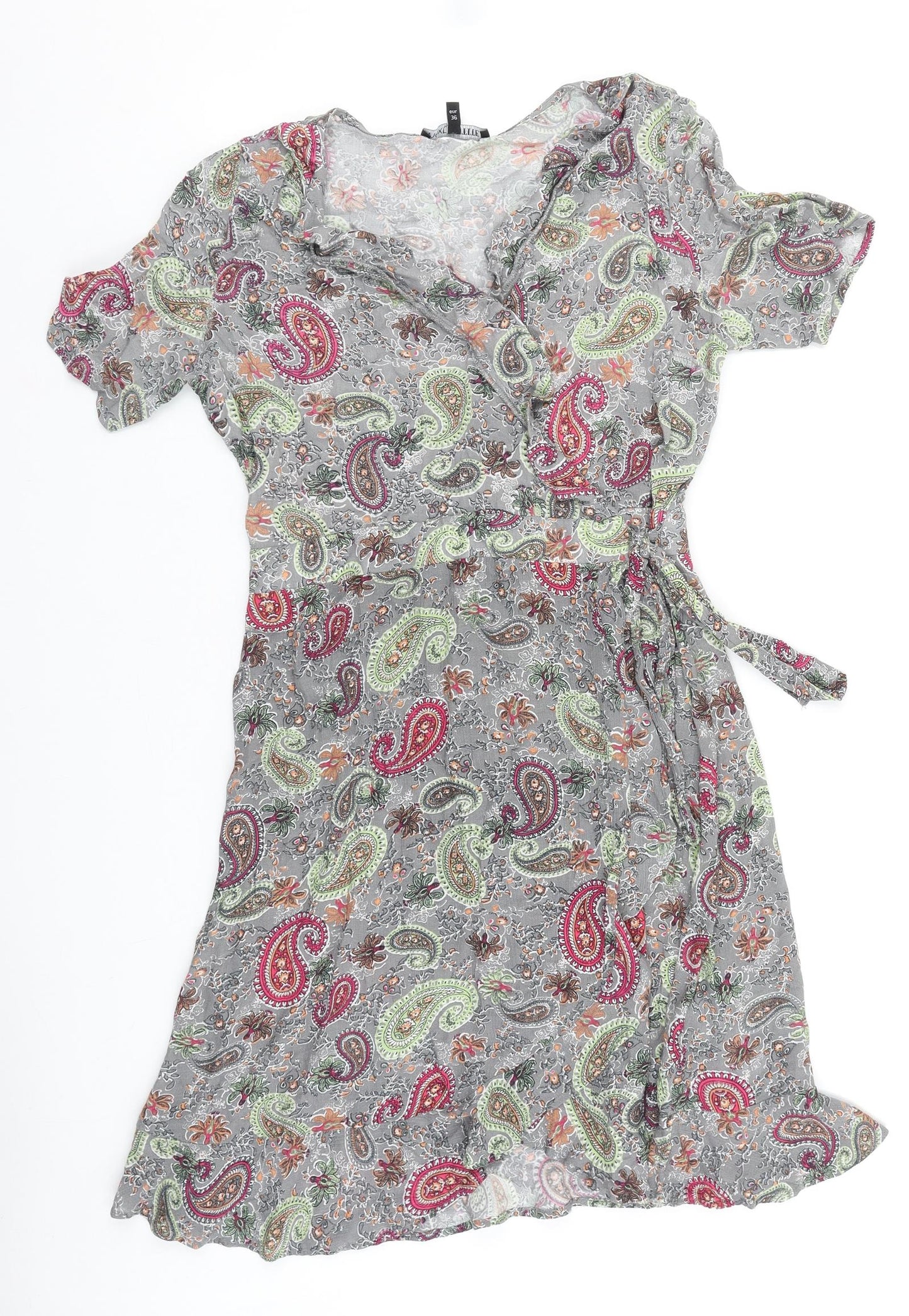 NEXT Womens Grey Paisley Viscose Wrap Dress Size 8 V-Neck Tie