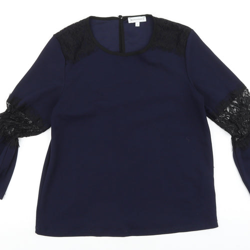 Warehouse Womens Blue Polyester Basic Blouse Size 10 Round Neck - Lace Detail