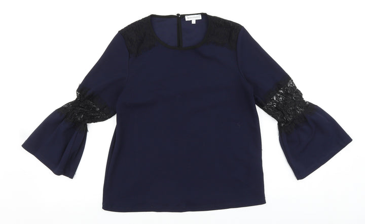 Warehouse Womens Blue Polyester Basic Blouse Size 10 Round Neck - Lace Detail