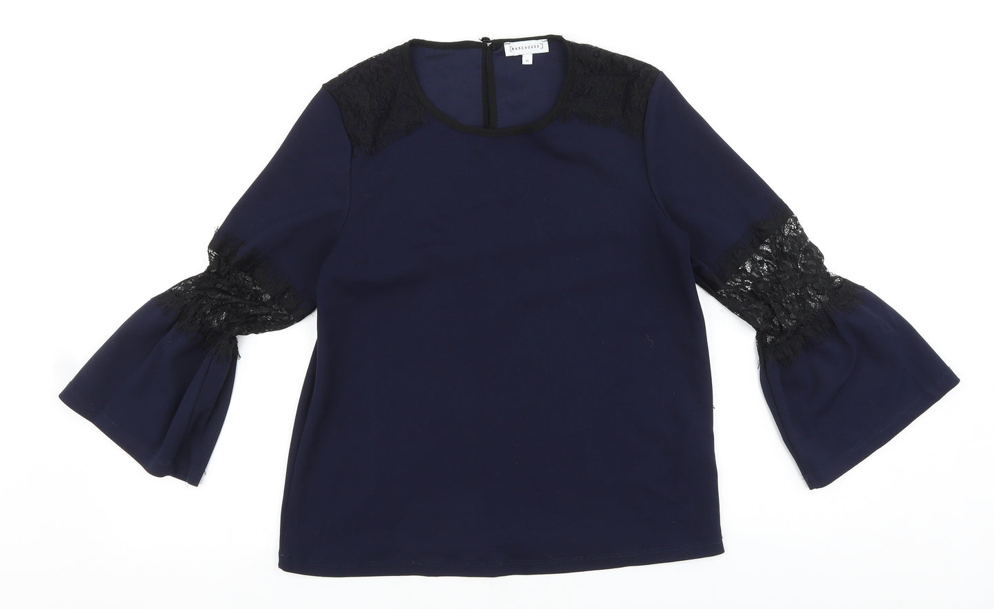 Warehouse Womens Blue Polyester Basic Blouse Size 10 Round Neck - Lace Detail