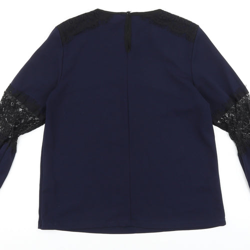 Warehouse Womens Blue Polyester Basic Blouse Size 10 Round Neck - Lace Detail