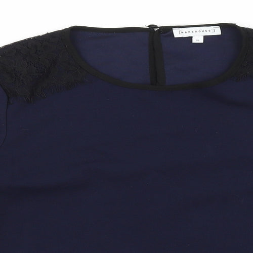 Warehouse Womens Blue Polyester Basic Blouse Size 10 Round Neck - Lace Detail