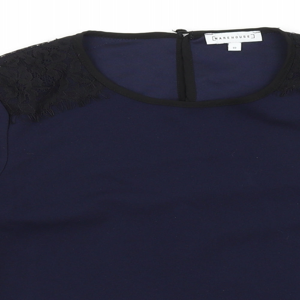 Warehouse Womens Blue Polyester Basic Blouse Size 10 Round Neck - Lace Detail