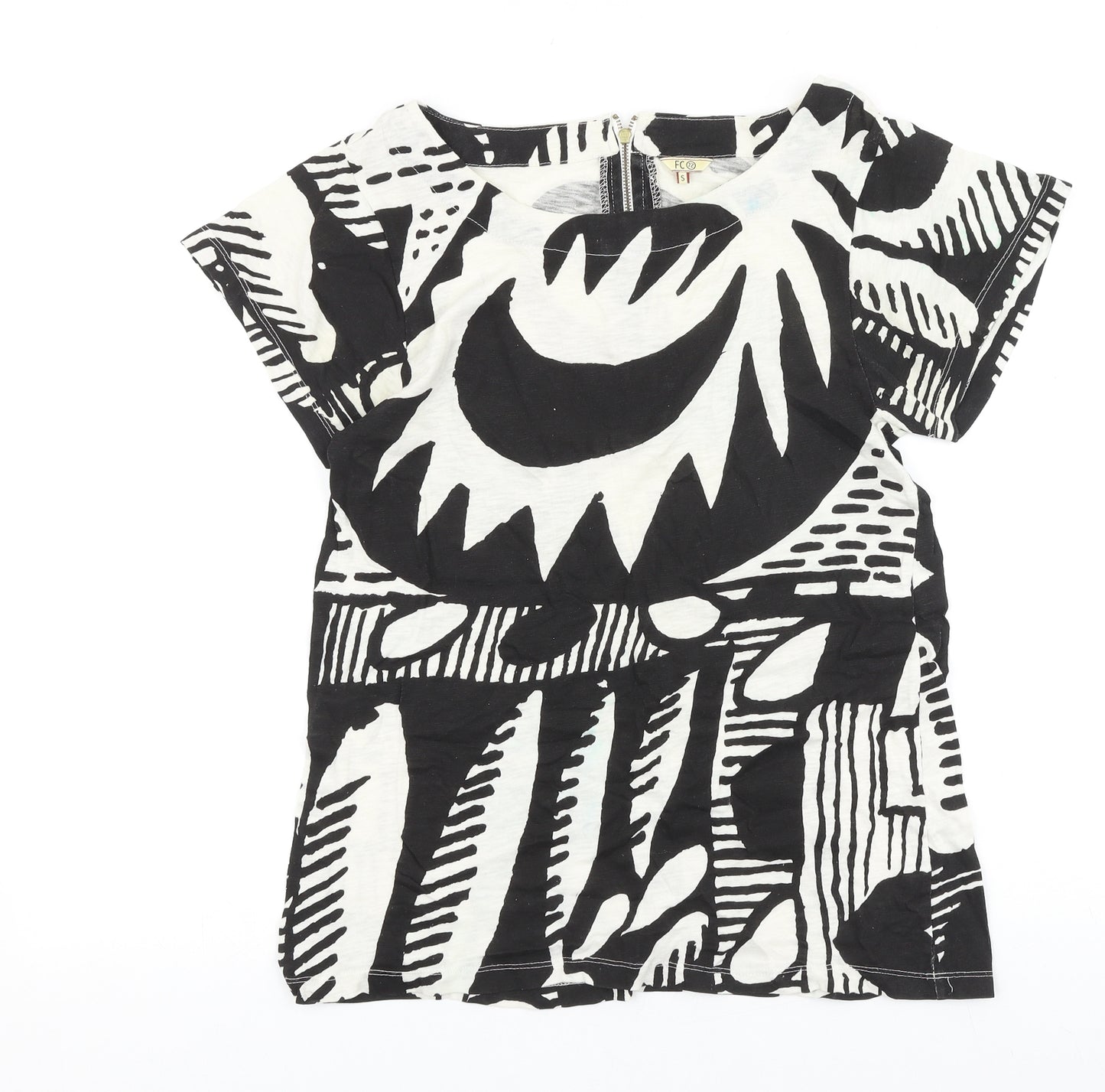 FC Womens Black Geometric 100% Cotton Basic Blouse Size S Round Neck