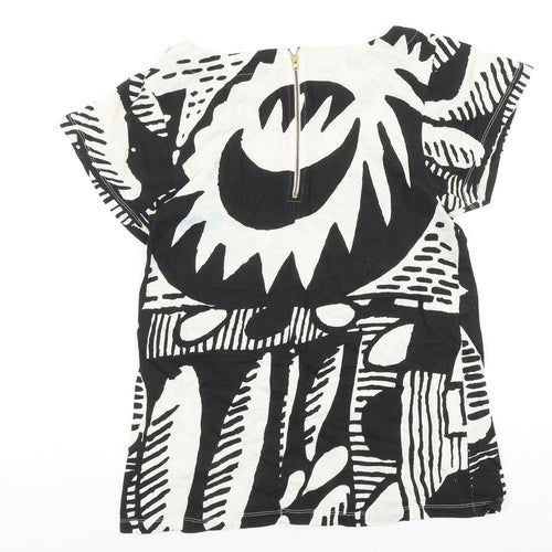 FC Womens Black Geometric 100% Cotton Basic Blouse Size S Round Neck