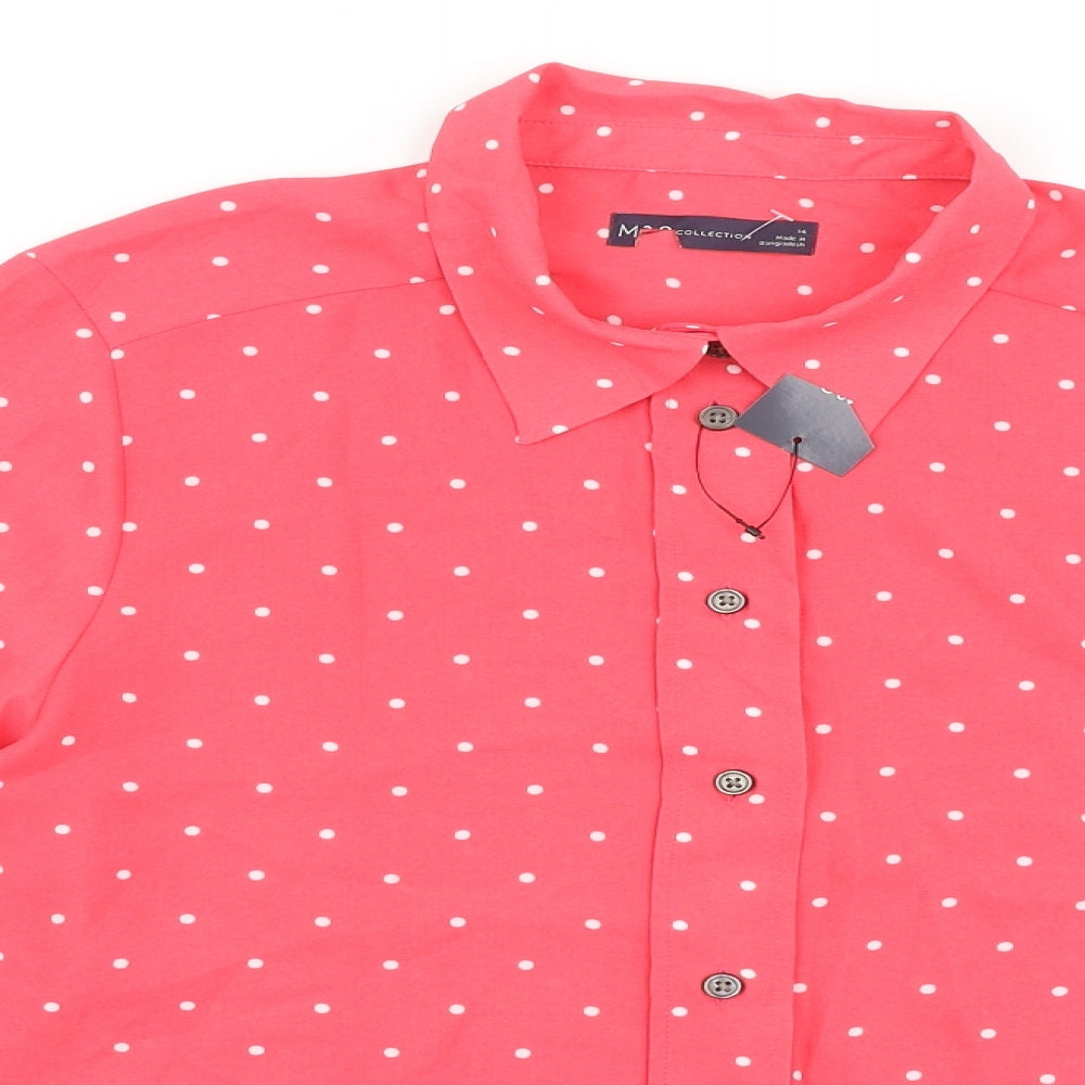 Marks and Spencer Womens Pink Polka Dot Polyester Basic Button-Up Size 14 V-Neck